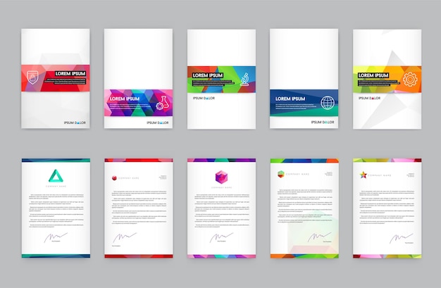 ベクトル 文字のロゴ要素を備えたビジュアルアイデンティティの大きなセット多角形のスタイルレターヘッドと幾何学的な三角形のデザインスタイルのパンフレットは架空の名前でビジネスのためのテンプレートモックアップをカバーします