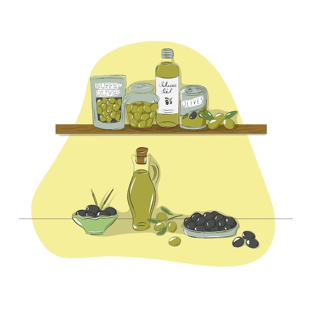 Vector big set of olive products on the shelf olive oil in the bottle canned olives olives for buffet