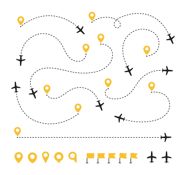 Большой набор линий маршрута самолета. концепция путешествия самолета с булавками карты, точками gps. концепция или тема точки старта полета. иллюстрация.