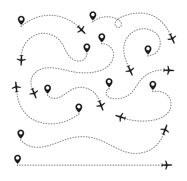 Big set plane route line. Airplane travel concept with map pins, GPS points. Flight start point concept or theme.  illustration.