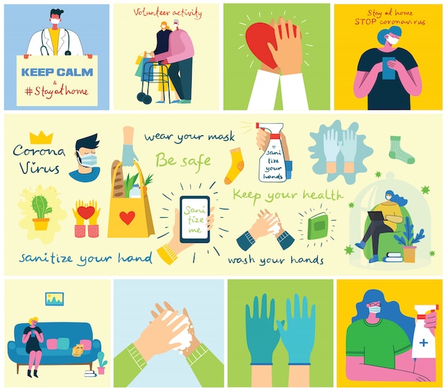 Big set of posters wash hands, hygiene, doctors, hands in gloves, stay home and healthcare. protect against virus concept design. modern vector illustrations in modern flat style.