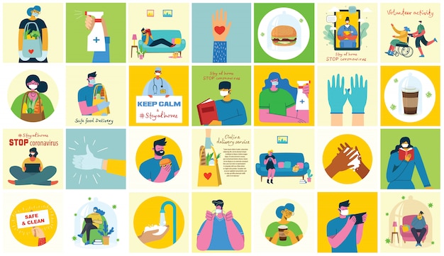 Big set of posters wash hands, hygiene, doctors, hands in gloves, stay home and healthcare. protect against virus concept design.vector illustrations in flat style.