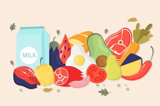 Big set of productsThe concept of a flat vector illustration of healthy food safety for a banner website landing page template advertisement and leaflet