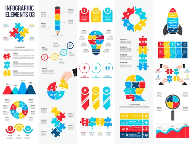 Big set of puzzle infographic elements. Templates for business processes, diagram and timeline.