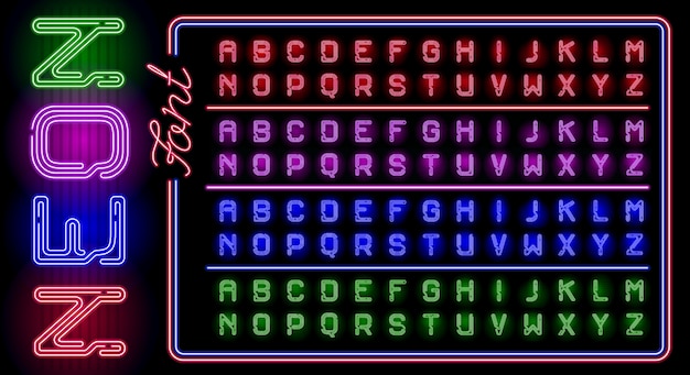 Big set of realistic neon alphabet with different neon color glow