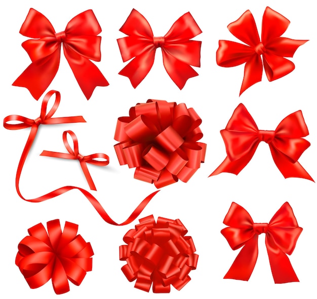 Big set of red gift bows with ribbons vector