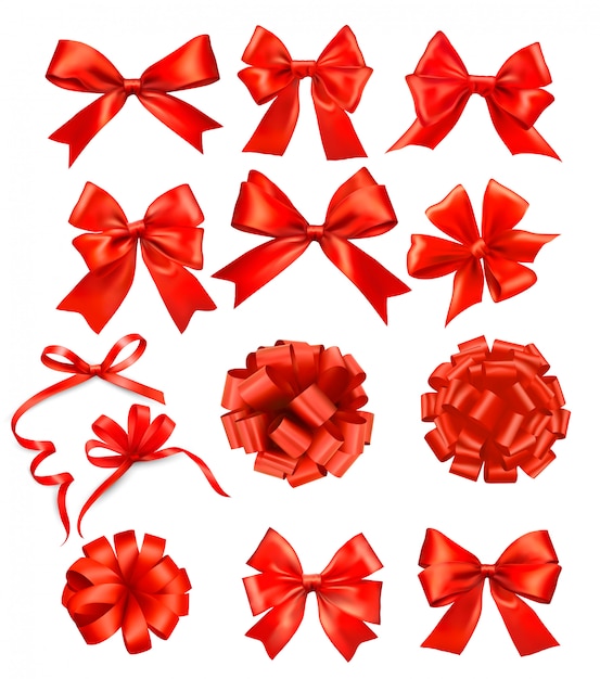 Big set of red gift bows with ribbons