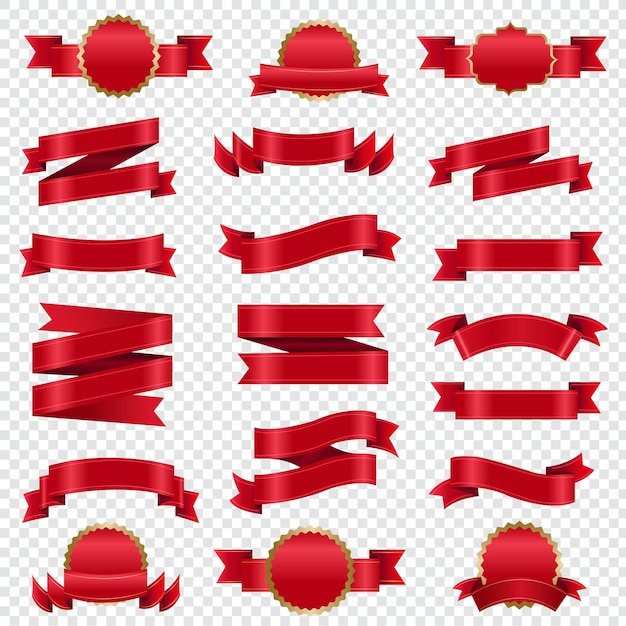 Big set red ribbon and isolated transparent background