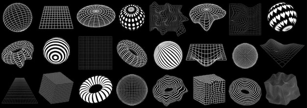 Big set of retro futuristic elements for design Abstract collection of frames 3d shapes wireframe