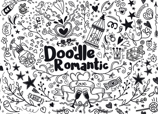 Big set of romantic style hand drawn elements