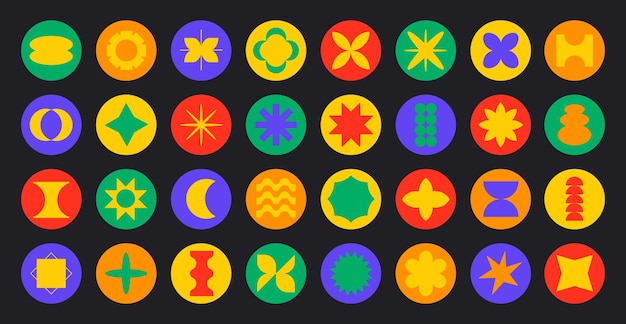 Big set of round retro stickers trendy y2k icons with abstract colorful shapes vector illustration