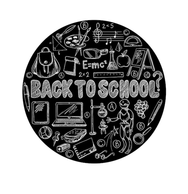 Vector big set of school items such as a backpack book laptop globe etc chalked on a blackboard vector