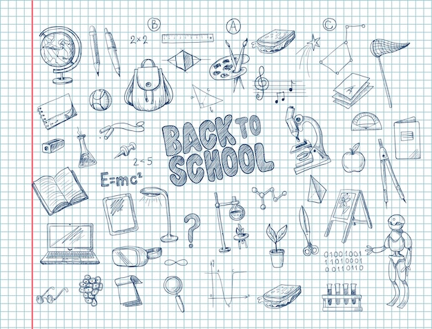 Big set of school supplies such as a backpack book laptop globe and others drawn pen on a notebook Vector