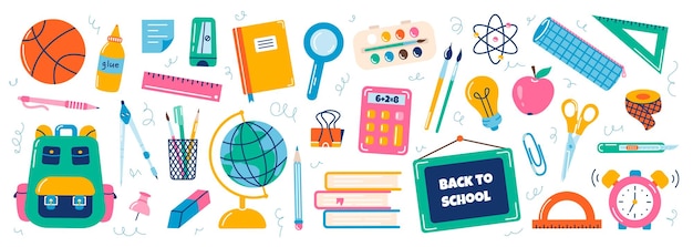 Big set of school supplies Vector flat illustration in hand drawn style Back to school