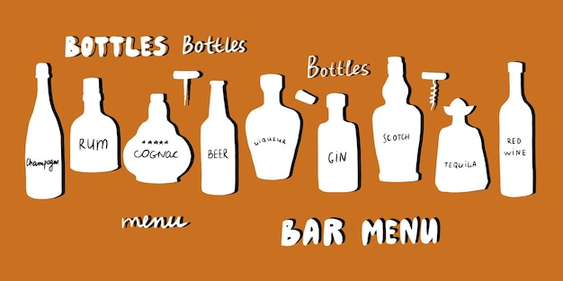 Big set of silhouettes of alcohol bottles and glasses in the style of doodles Great for bar menu