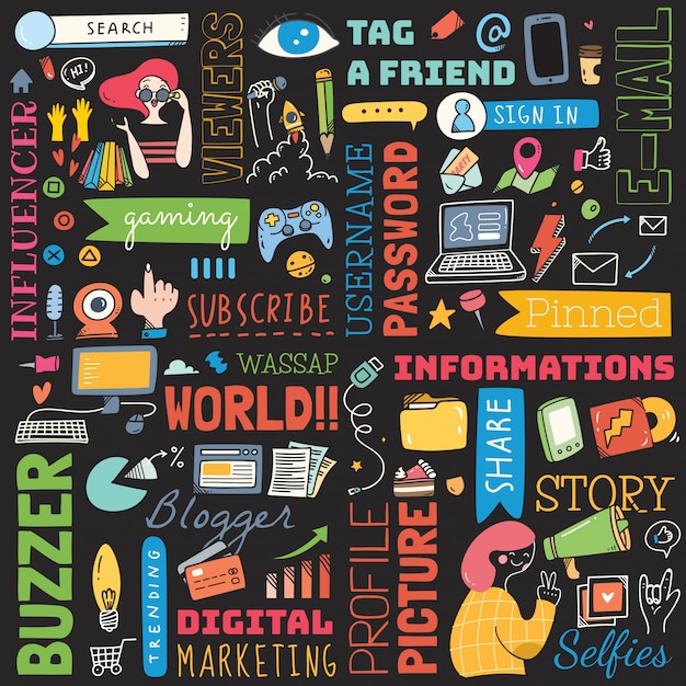 big set of social media background doodle