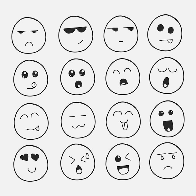 ソーシャルメディアのエモジの大きなセット Doodle Emoji 顔のアイコンセット 異なる感情を持つエモジ 手描き