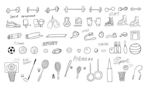 Big set of sports equipment Badminton basketball football boxing fitness golf tennis Doodles