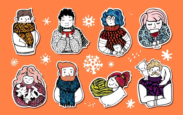 Big set of stickers with diverse people and different winter elements cute hand drawn illustration