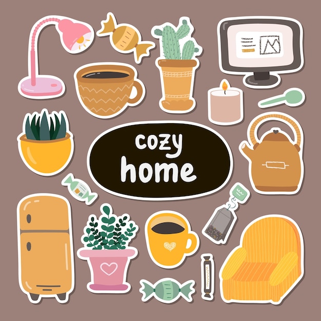 Big set of stickers with hand drawn clipart of cozy home for planners notebooks Ready for print list of cute stickers Scandinavian room interior decoration Cozy apartment with retro armchair mug