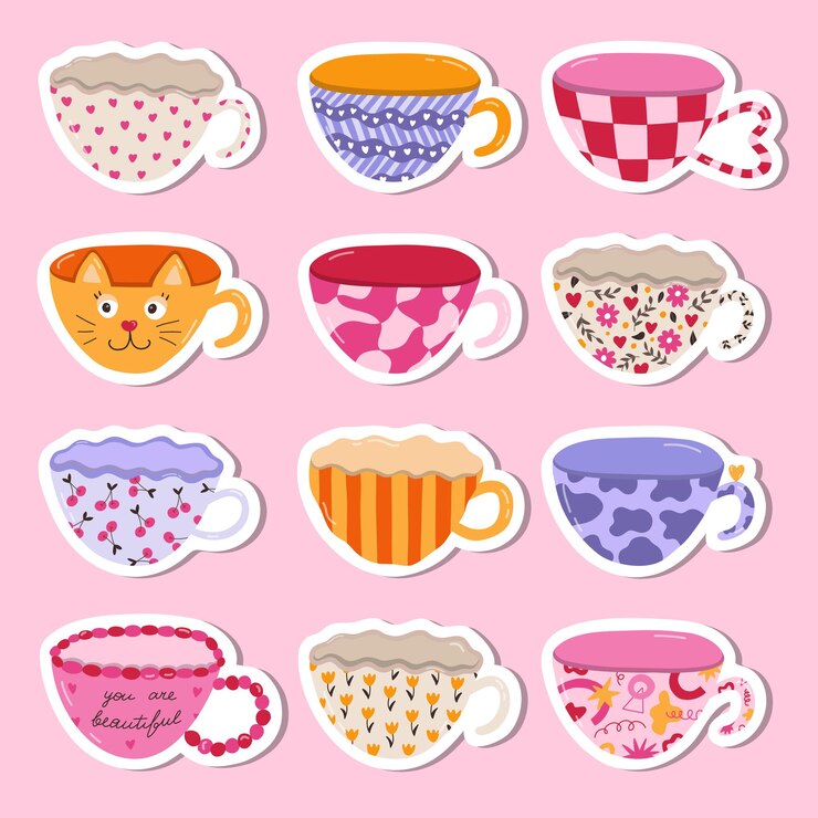 Vector big set of stickers with trendy ceramic mugs in the style of 90s hand drawn vector doodle illustrations different tea cup coffee mug for scandinavian kitchen cartoon cup porcelain tableware