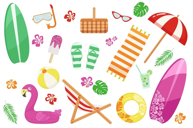 Big set on a summer theme with beach items on a white background