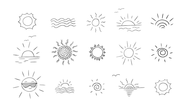 Big set of suns in doodle style Sun in sunglasses sunset sun rays sunshine waves Summer time