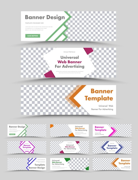 Big set of templates of horizontal white web banners with a place for a photo and color design elements in the form of arrows.
 Standard Size Samples. illustration