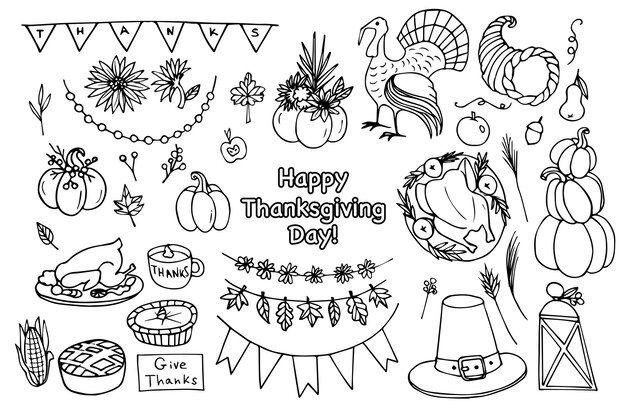 Vector big set of thanksgiving day doodles. illustration of celebration dinner, turkey, autumn harvest