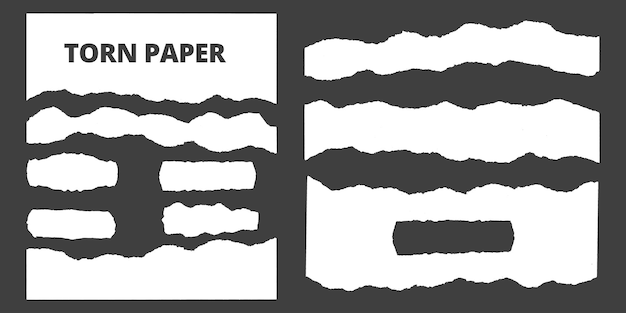 引き裂かれた破れた紙シートの大きなセット、灰色の背景を持つ新しいテクスチャー