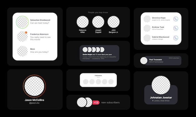 Vector big set of user profile banners and chats illustrations social media ui concept in minimalistic design empty circle for adding user profile icon fully editable web element for mobile applications