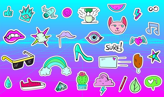 Big Set of Vaporwave Styled Colorful Modern Patches or Stickers Fashion cyan magenta patches Cartoon 80's 90's retrowave style Vector illustration