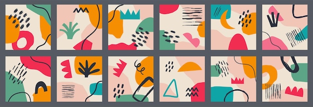 Big set of various vector geometric abstract backgrounds. various shapes, lines, spots, dots, doodle objects. hand drawn templates. round icons for social media stories