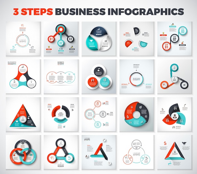 Big set of vector arrows triangles circles and other elements for infographic with 3 options