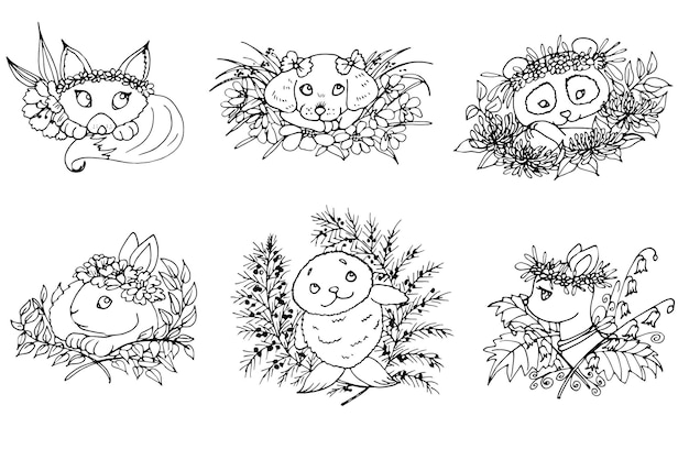 big set of vector line art cute animal doodle coloring page