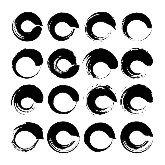 Big set of vector round texture strokes of black ink on a white background