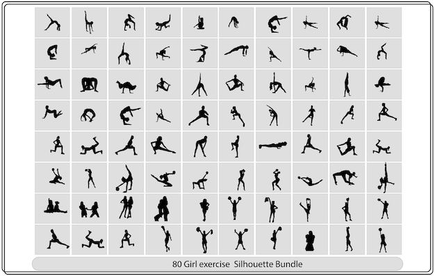 Big set of vector silhouettes of man and woman doing fitness, sport and yoga workout isolated