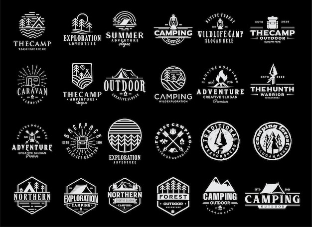 Big set of vintage camping forest consisting of mountain badges logo outdoor