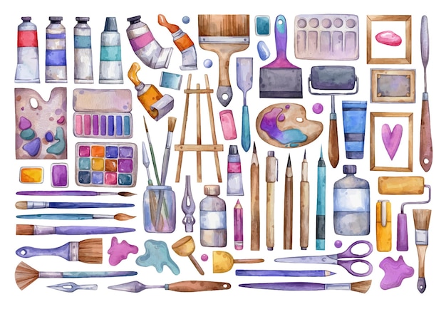big set of watercolor illustrations art supplies isolated on white background vector