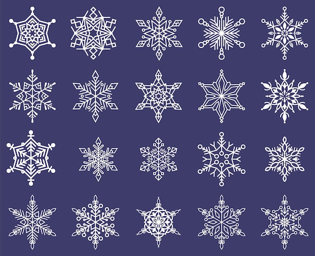 Big set of white snowflake silhouettes isolated on blue background, Winter,Christmas festive symbols