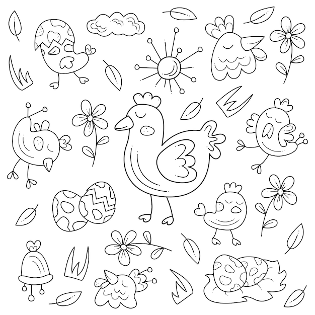 Big set with chickens Doodle white and black illustration