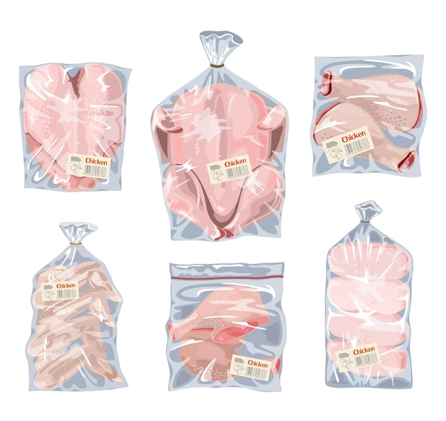 Vector big set with different types of transparent food packing.