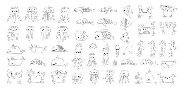 Vector big set with linear sea animals colorful jellyfish octopus fish crabs seahorses whales and seaweed