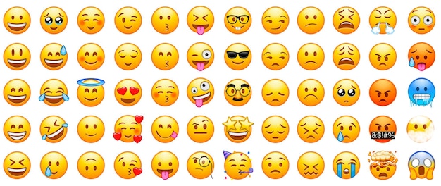 Big set of yellow emoji funny emoticons faces with facial expressions