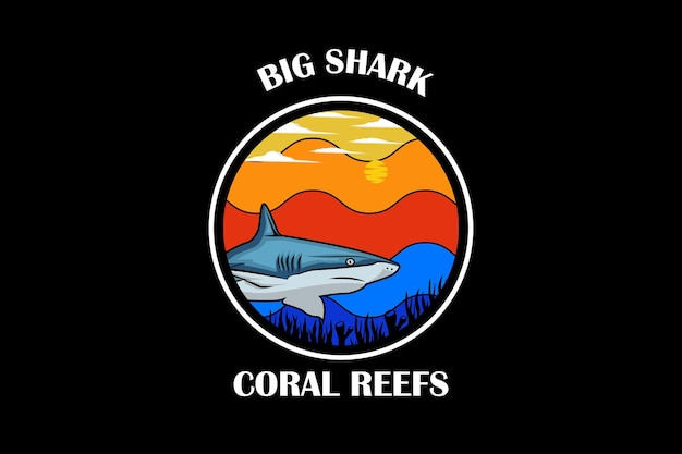 Big shark coral reefs retro design landscape