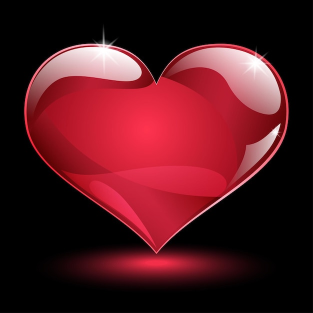 Vector big shiny red heart with shadow and glare on black background