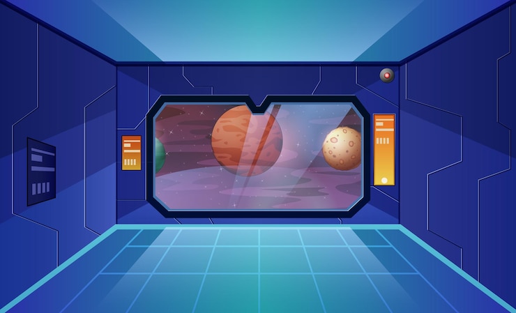 Vector big shuttle window on spaceship with view of other planets