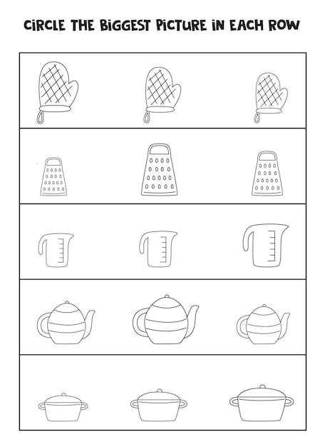 Big or small. find the biggest kitchen utensil in each row. black and white worksheet.