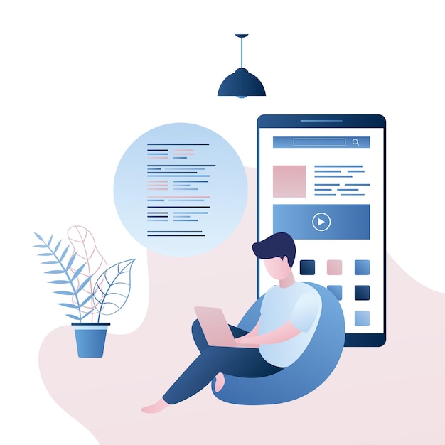 big smartphone with applications and male sitting with laptop app development concept vector