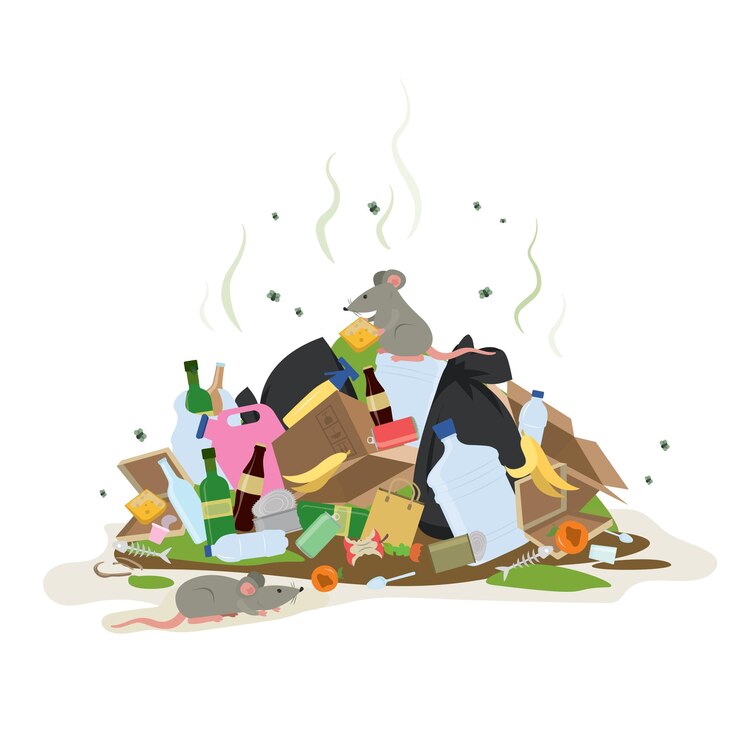 Vector big smelly pile of garbage bad smell trash waste recycling cartoon mouse or rat on top